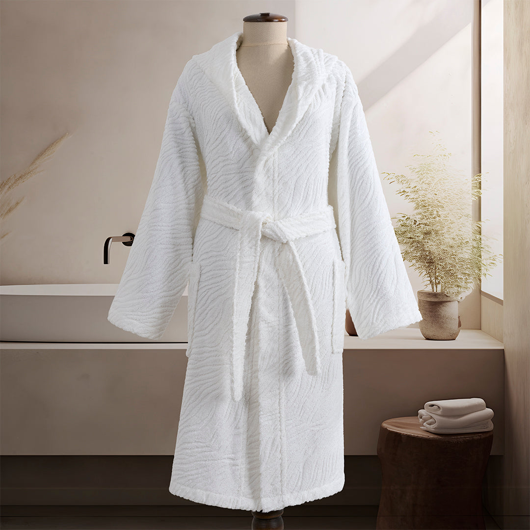 Elora %100 Pamuk Kapşonlu Unisex Bornoz Ekru XL/2XL