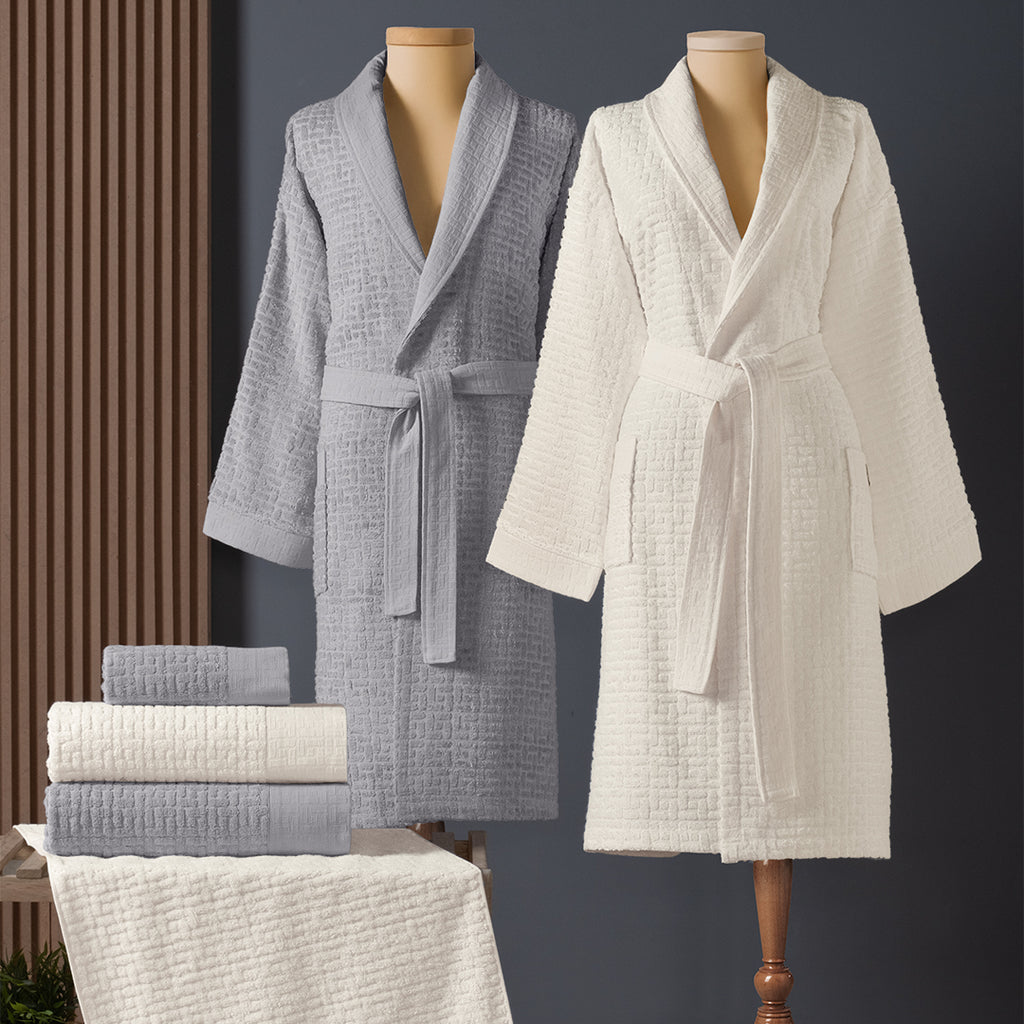 Lisse Bambu Aile Bornoz Seti Ekru/gri 6 Parça M-L/L-XL