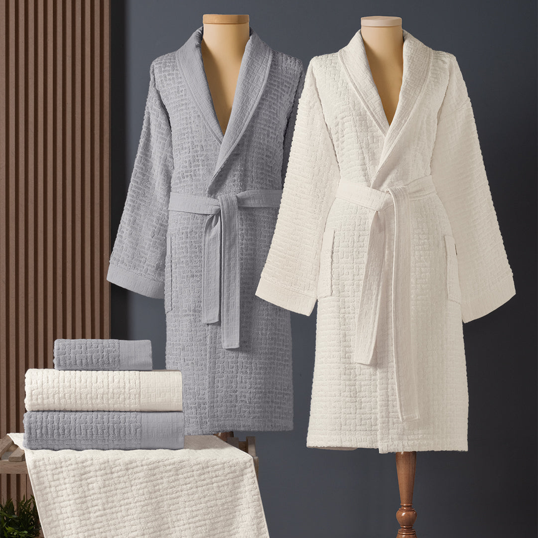 Lisse Bambu Aile Bornoz Seti Ekru/gri 6 Parça M-L/L-XL